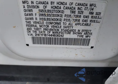 2004 Honda Pilot Ex-L из США, поврежденный, VIN 2HKYF18744H606242